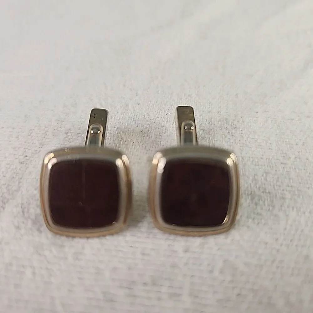 Cufflinks Men’s Square Bent Shaft Swank Brown Stone Gold Colored Jewelry VNTG